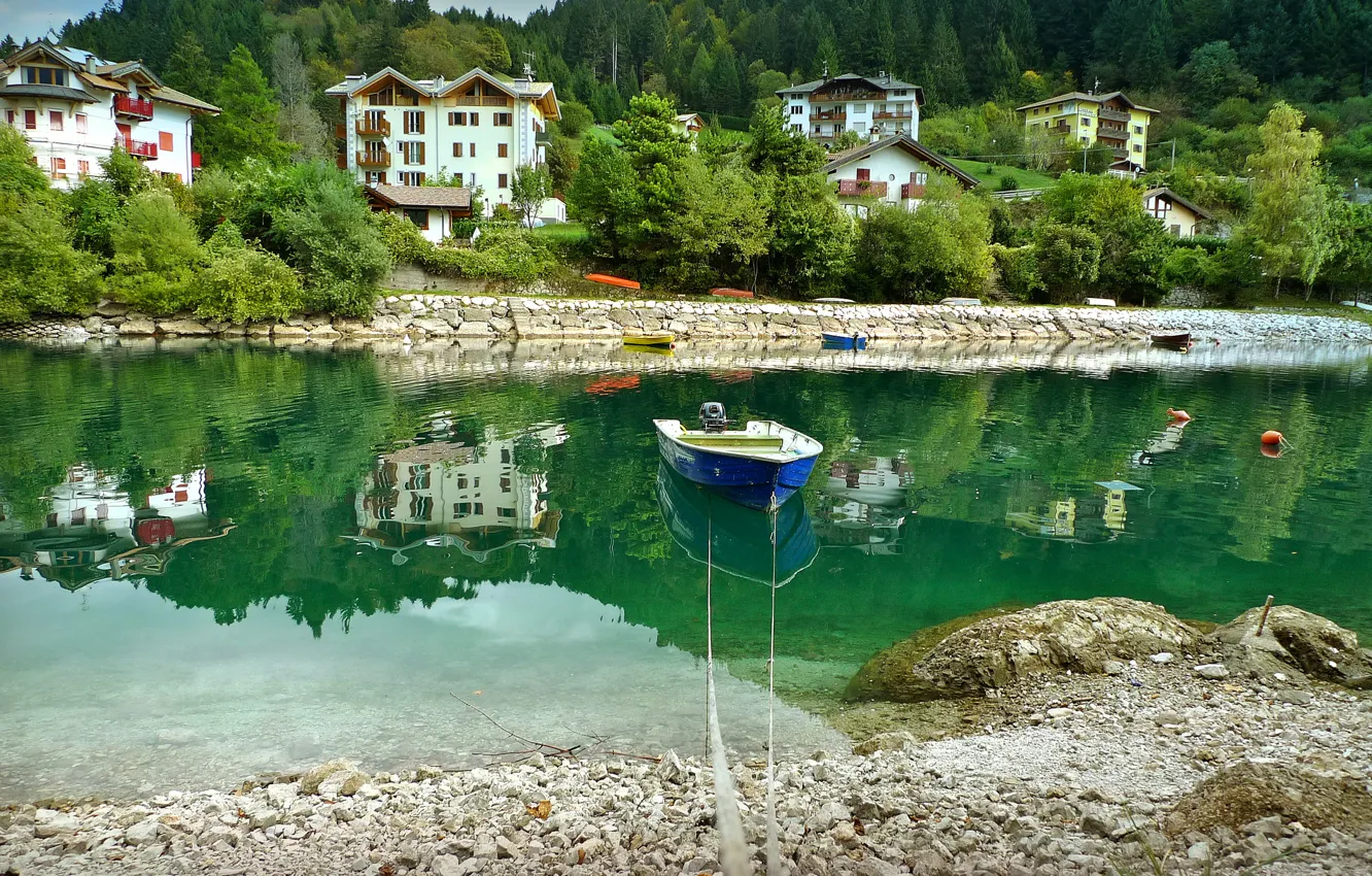 Photo wallpaper water, trees, reflection, river, stones, shore, boat, home, Italy, Molveno