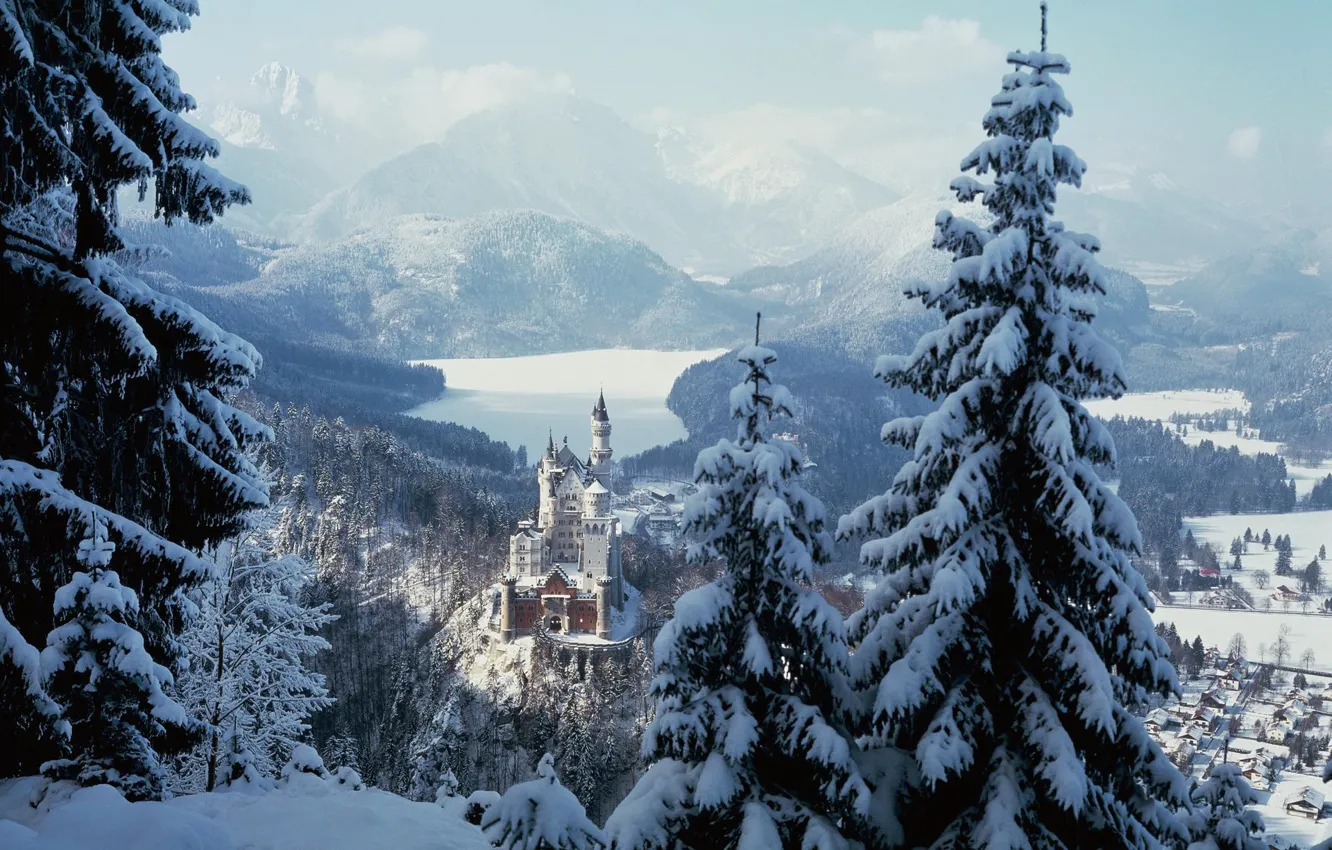 Photo wallpaper winter, forest, snow, trees, mountains, castle, town, Neuschwanstein