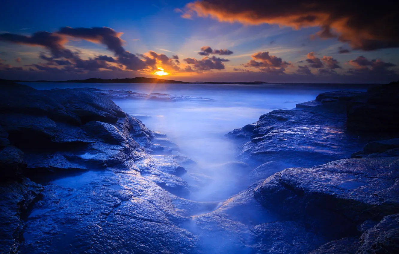 Photo wallpaper beach, rocks, dawn, morning