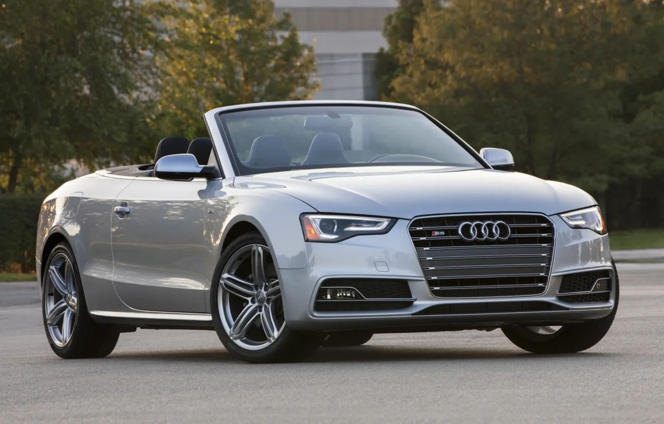 Photo wallpaper trees, grey, background, Audi, Audi, convertible, the front, Cabriolet, ЭС5