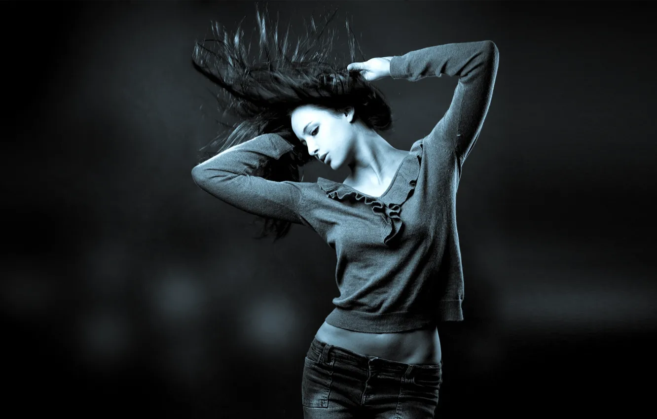 Photo wallpaper energy, girl, blue, grey, movement, sport, dance, jeans, brunette
