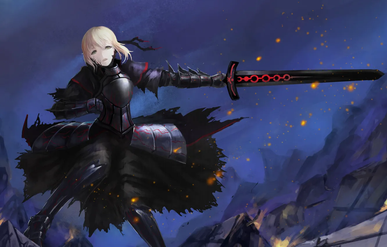 Wallpaper look, girl, weapons, sword, armor, gesture, art, fate/stay night,  saber age images for desktop, section прочее - download