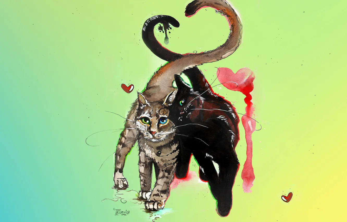 Photo wallpaper cat, cat, mustache, love, cats, cats, heart, figure, color, spring, watercolor, a couple