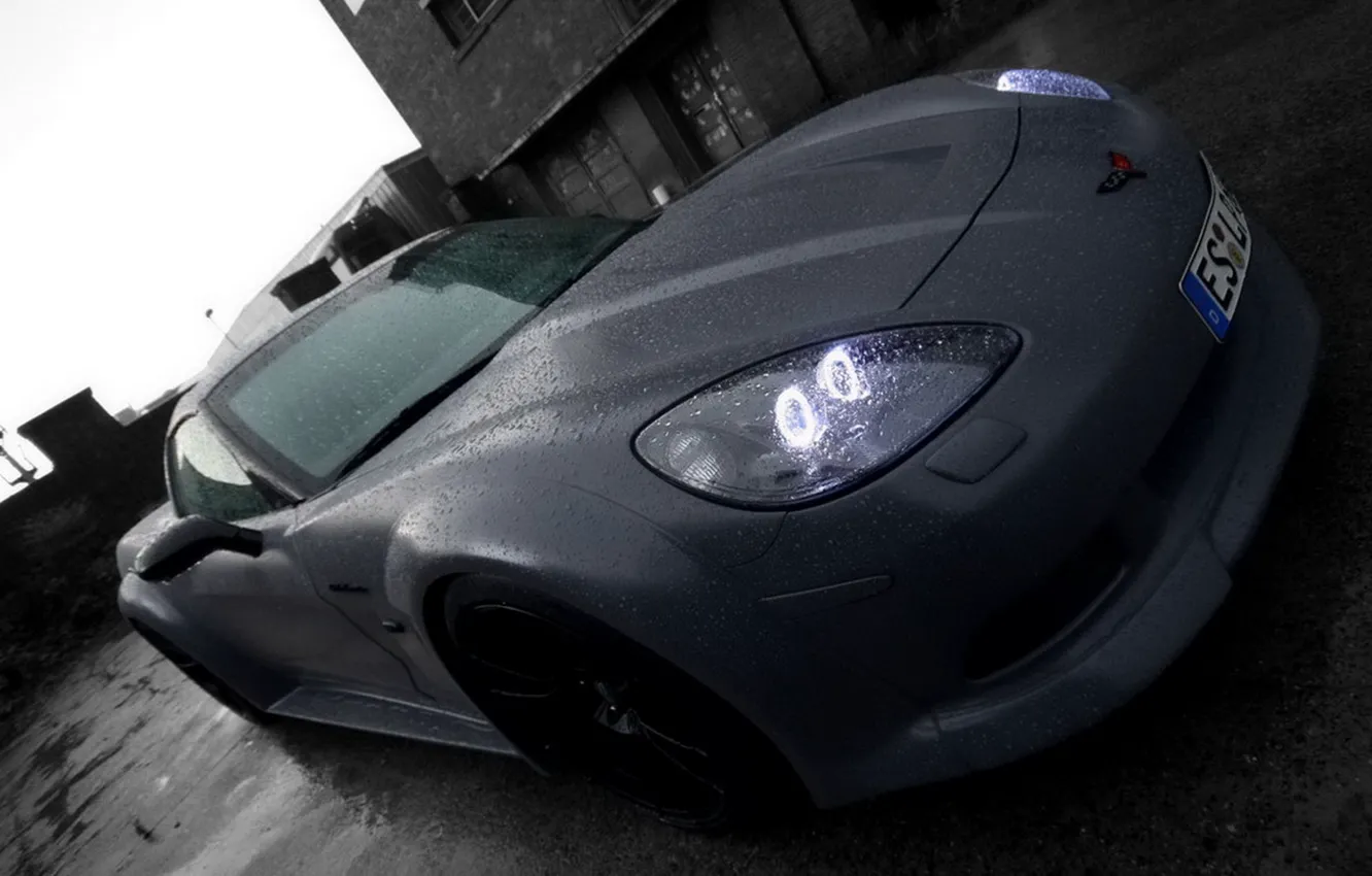 Photo wallpaper rain, black and white, Auto, LOM Performance Corvette C6
