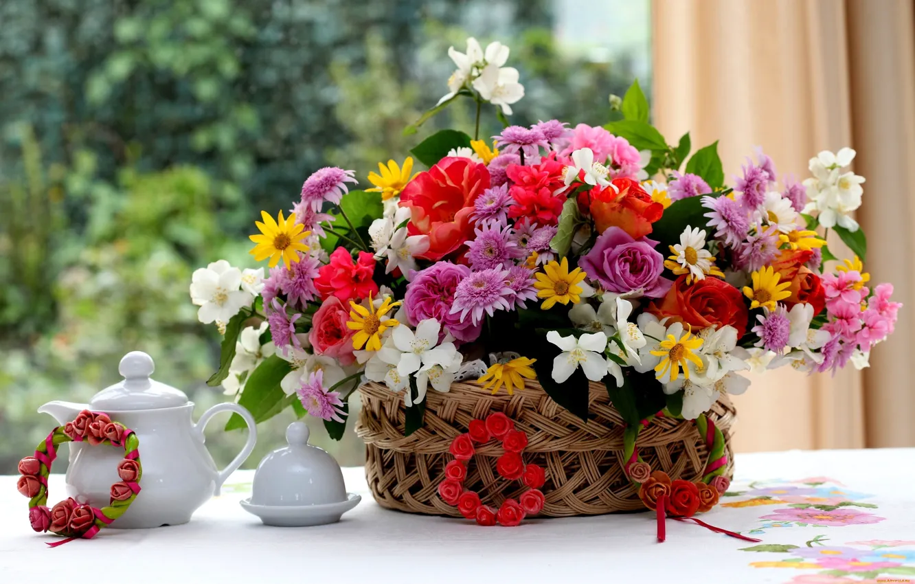 Photo wallpaper roses, bouquet, kettle, basket, composition, Jasmine, geranium