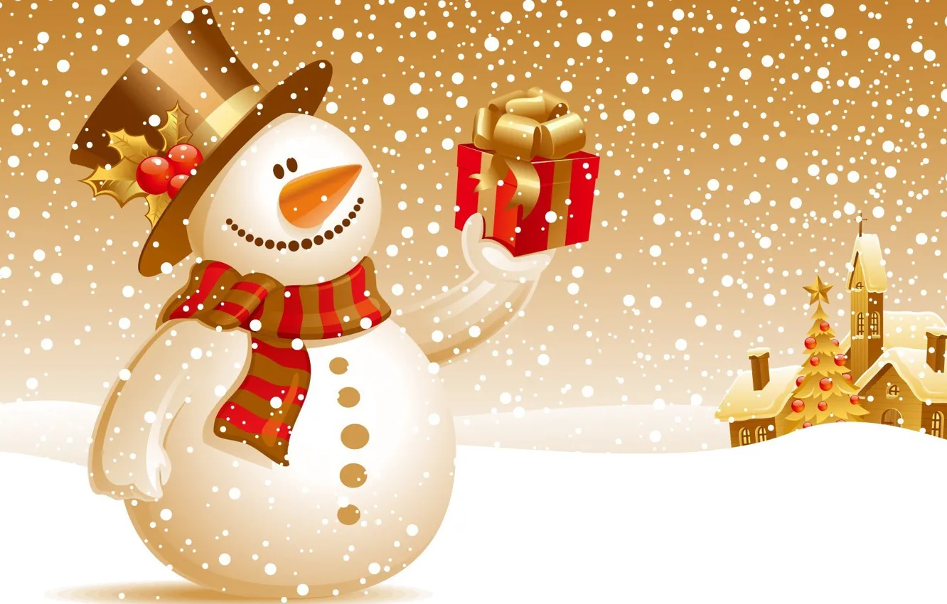 Photo wallpaper winter, snow, gift, new year, snowman, christmas