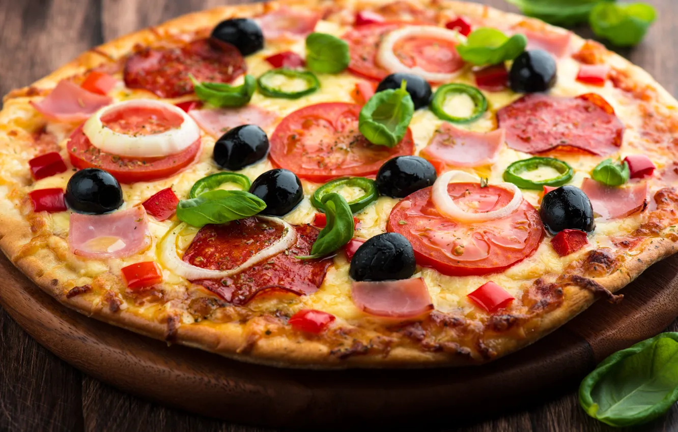 Photo wallpaper cheese, bow, pizza, tomatoes, dish, olives, the dough, ham, salami