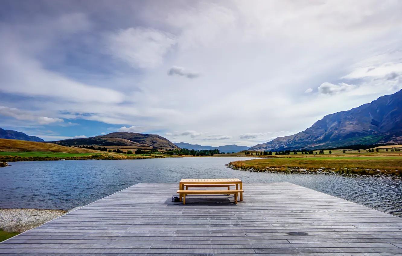 Photo wallpaper mountains, pond, table, New Zealand, pierce, New Zealand, mountains, Queenstown, pier, table, pond, Queenstown, banch, …