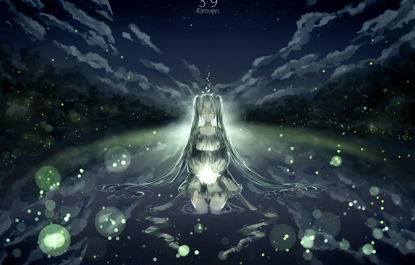 Wallpaper the sky, water, girl, clouds, nature, fireflies, anime, art,  vocaloid, hatsune miku, kimven images for desktop, section сэйнэн - download