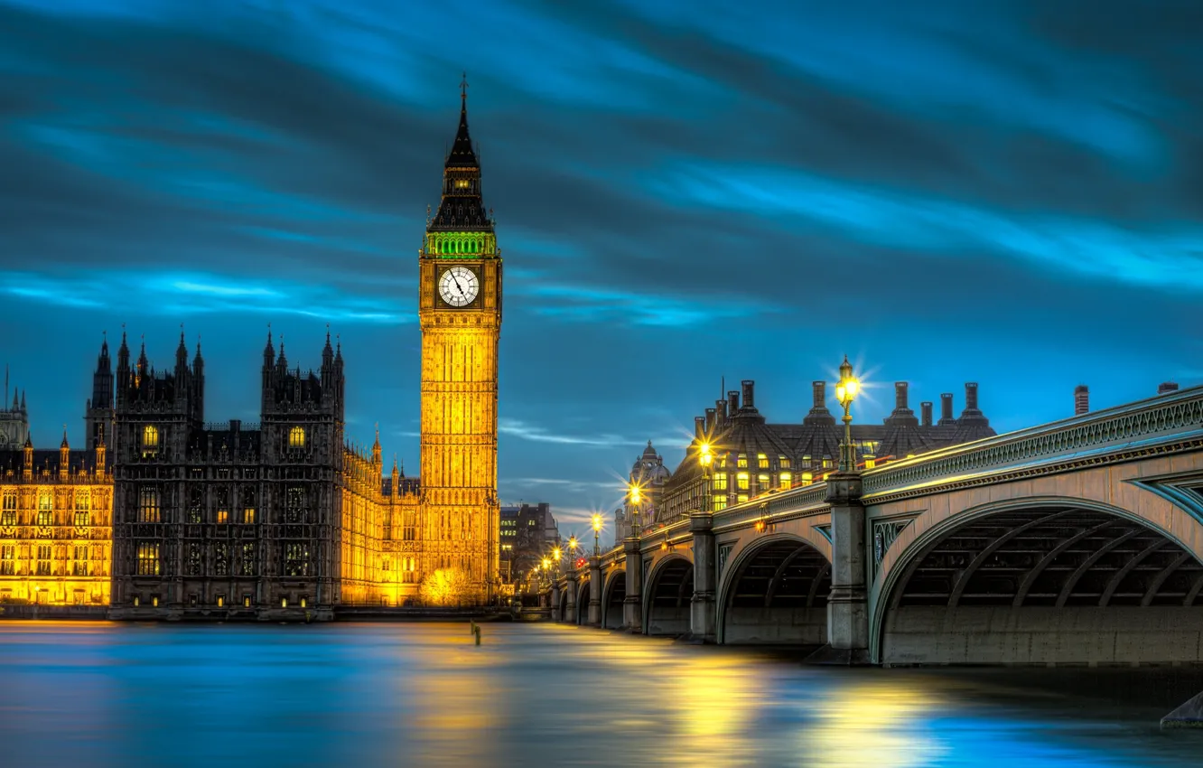 Photo wallpaper water, light, night, bridge, the city, river, England, London, the evening, lighting, lights, UK, Thames, …