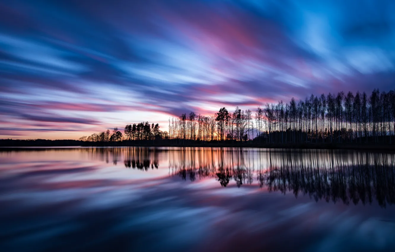 Photo wallpaper the sky, clouds, trees, sunset, reflection, shore, the evening, Sweden, The Baltic sea