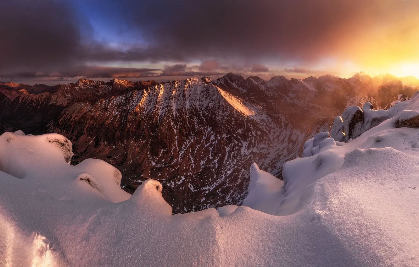 Photo wallpaper winter, the sky, the sun, clouds, light, snow, mountains