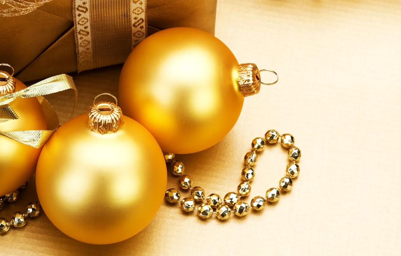 Photo wallpaper winter, balls, decoration, toys, New Year, Christmas, gifts, beads, the scenery, Christmas, gold, holidays, New …