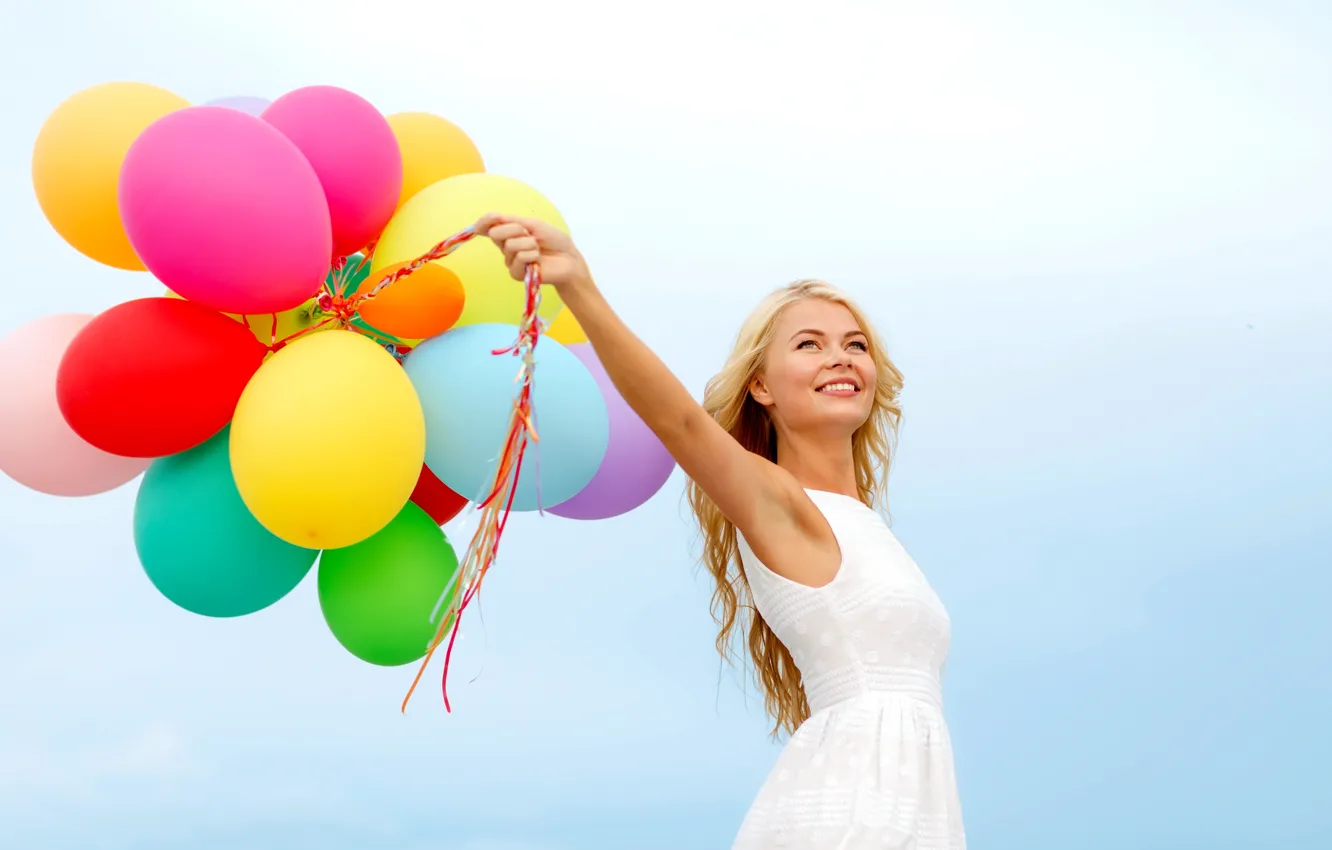 Wallpaper girl, balls, joy, happiness, balloons, colorful, happy, sky, woman,  blonde, balloons images for desktop, section настроения - download