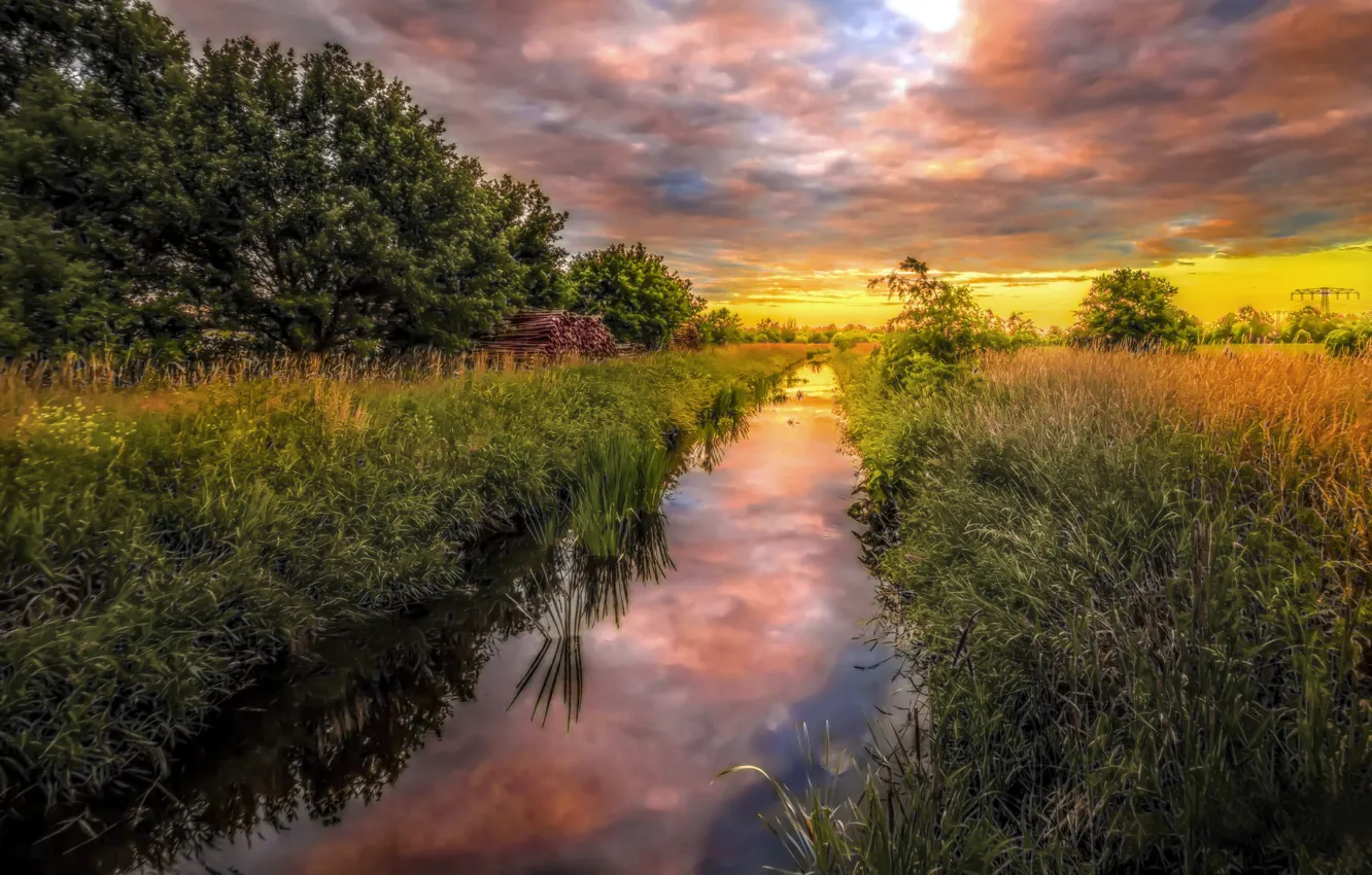 Photo wallpaper greens, field, summer, grass, clouds, trees, landscape, sunset, nature, reflection, river, Germany