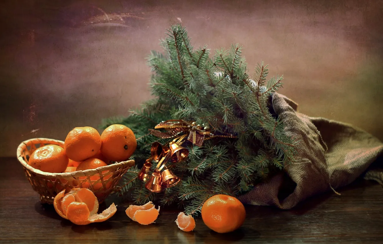 Photo wallpaper branches, spruce, bells, tangerines