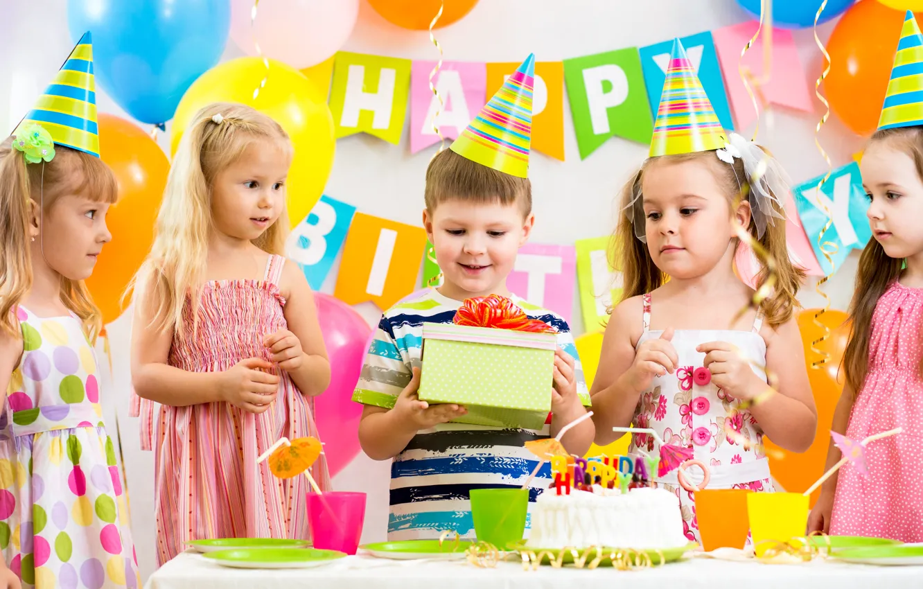 Wallpaper children, girls, boy, gifts, cake, friends, cake, girls,  colorful, Little, friends, gifts, Birthday, Boys, Birthday images for  desktop, section праздники - download