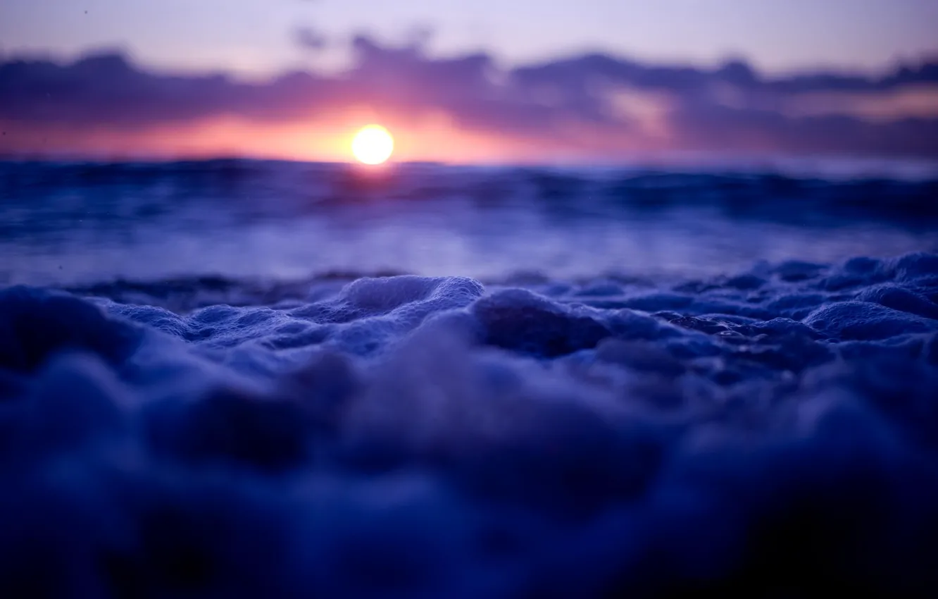 Photo wallpaper sea, foam, the sun, sunset, the ocean