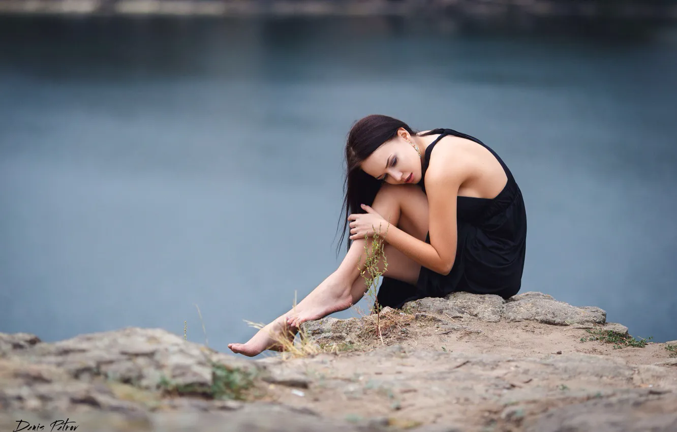 Wallpaper sadness, girl, pose, river, stones, open, mood, sweetheart,  tenderness, dress, brunette, black, legs, sexy, beauty, perfect images for  desktop, section девушки - download