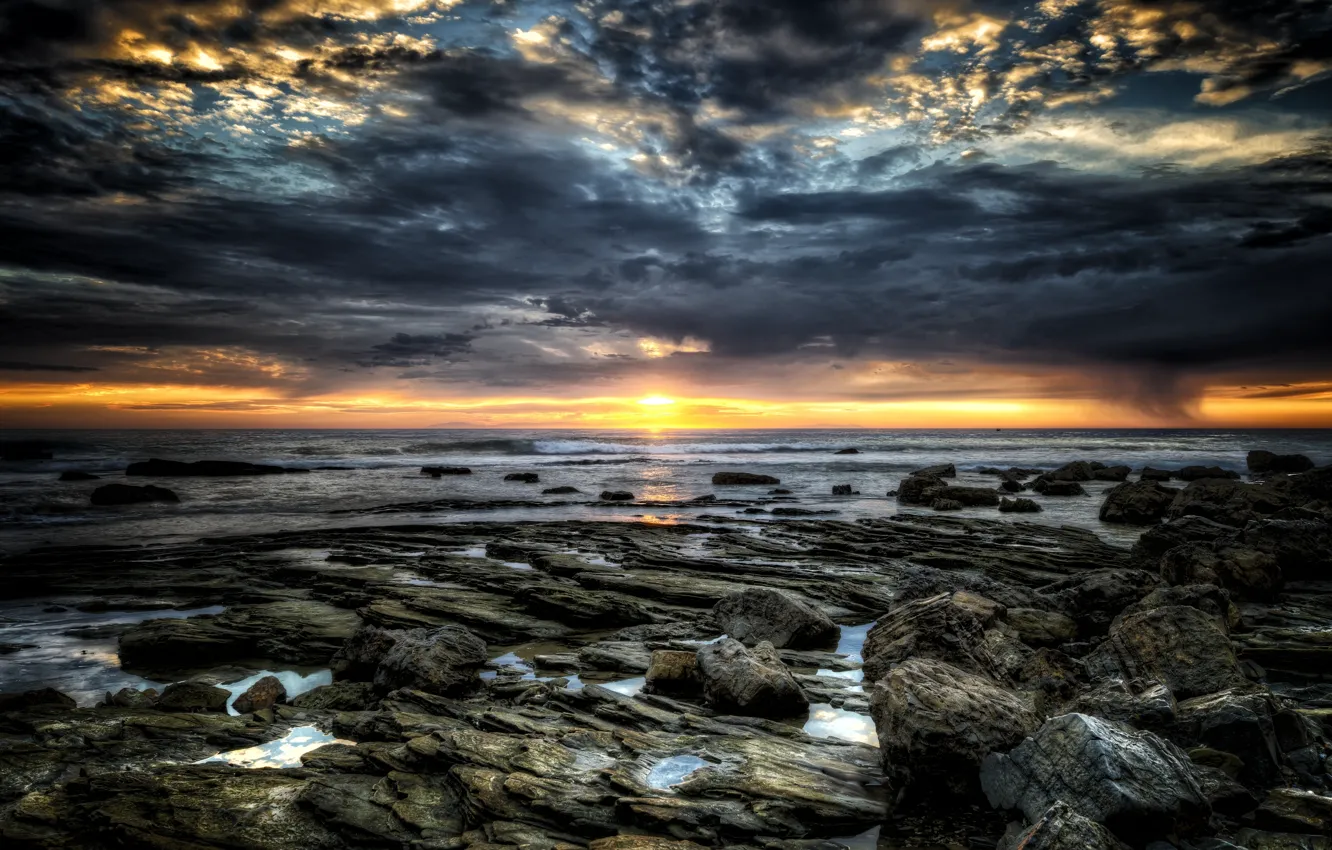 Photo wallpaper sea, sunset, rocks
