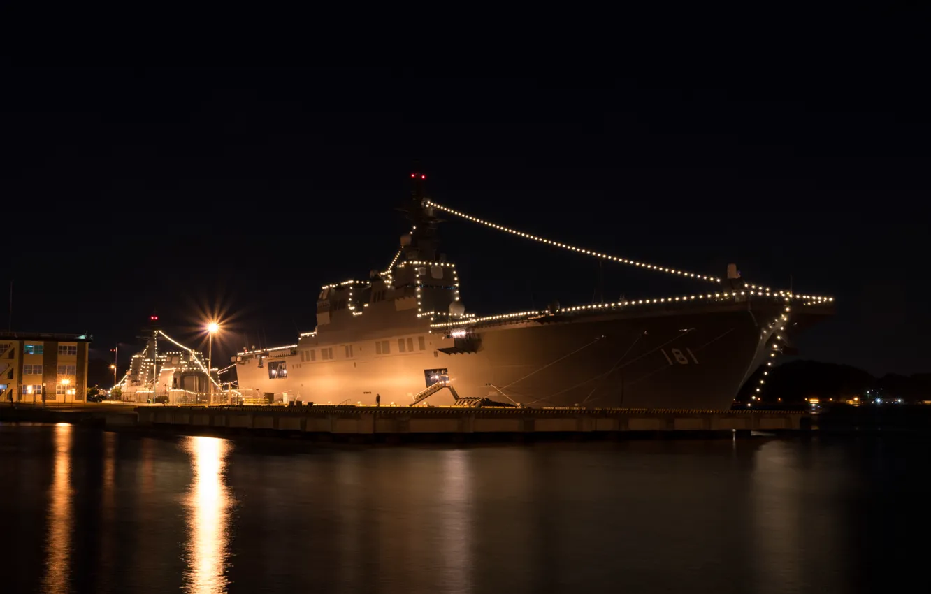 Photo wallpaper night, lights, ship, port