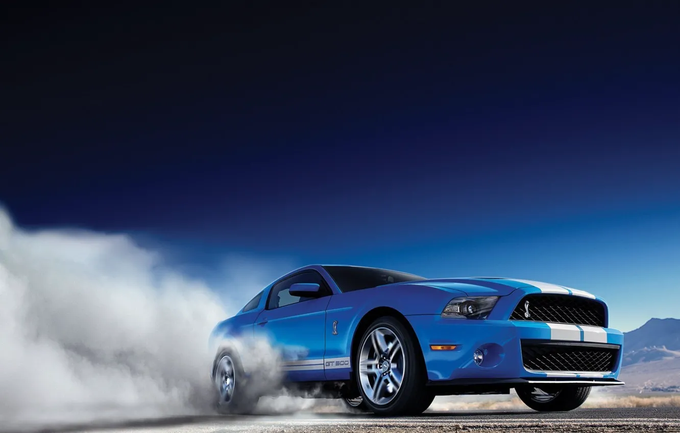 Photo wallpaper road, machine, blue, strip, lights, smoke, Mustang, Ford, Ford, wheel, Mustang, car, blue
