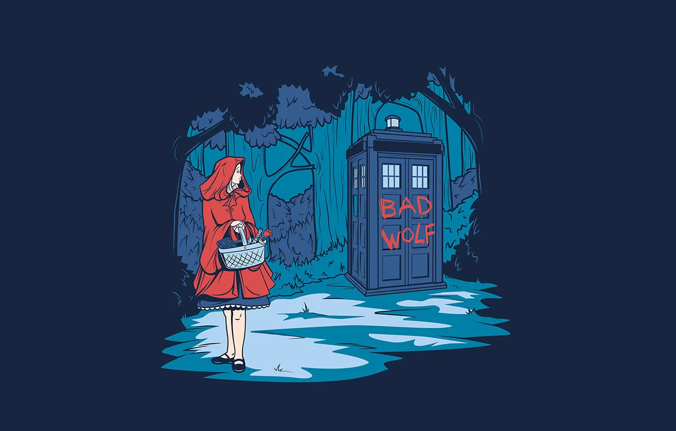 Photo wallpaper forest, trees, background, basket, art, girl, booth, Doctor Who, Little Red Riding Hood, Doctor Who, …