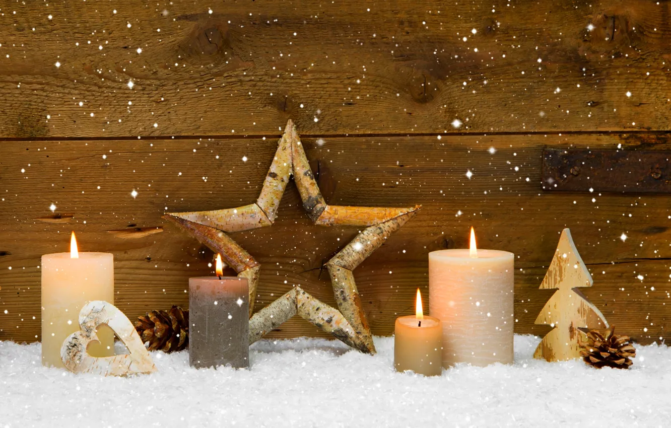 Photo wallpaper winter, stars, holiday, heart, candles, star, heart, winter, Merry Christmas, holiday, candles, Christmas decoration, Christmas …