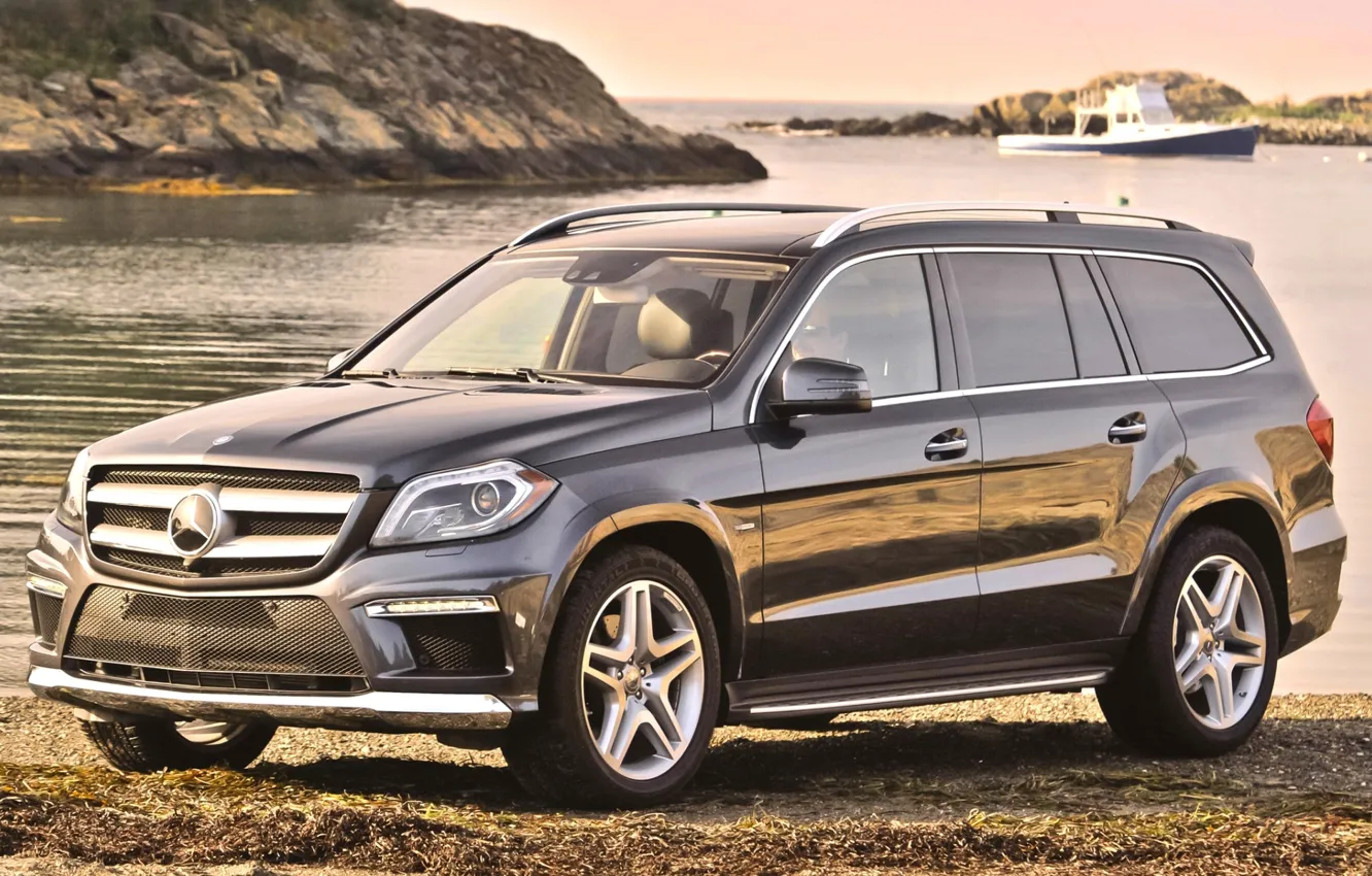Photo wallpaper water, background, shore, Mercedes-Benz, Mercedes, jeep, boat, the front, 550