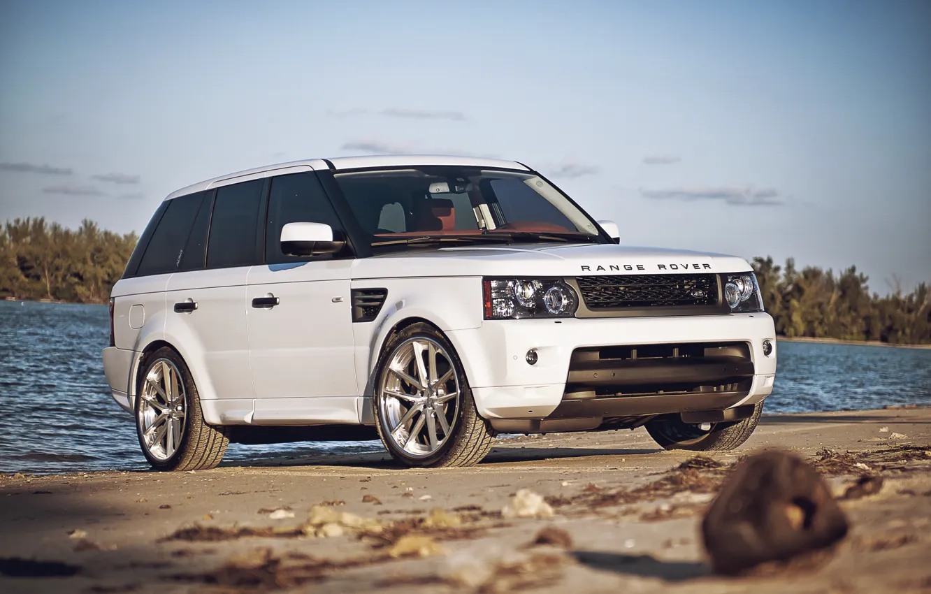 Photo wallpaper white, the sun, sport, pier, white, Land Rover, Range Rover, river, Blik, Sport, range Rover, …
