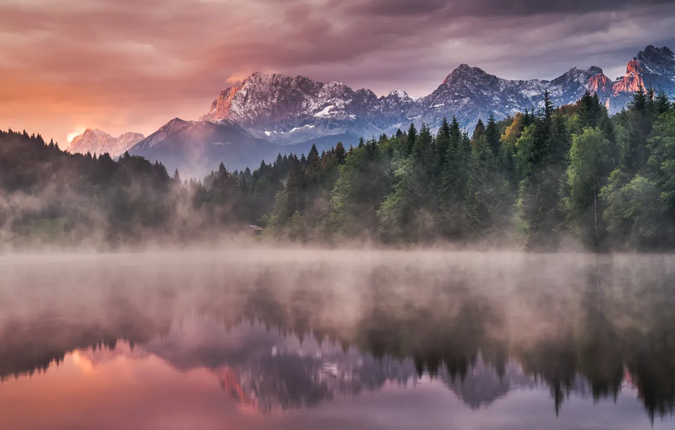 Photo wallpaper water, trees, landscape, mountains, nature, fog, lake, reflection, sunrise, dawn, morning, ate, forest