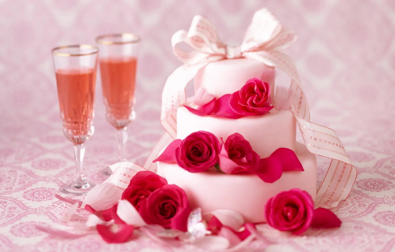 Wallpaper flowers, holiday, wine, roses, glasses, tape, cake, champagne,  cake images for desktop, section еда - download