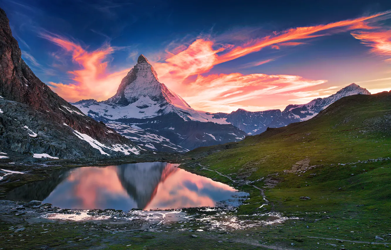 Photo wallpaper lake, dawn, mountain, Switzerland, Matterhorn