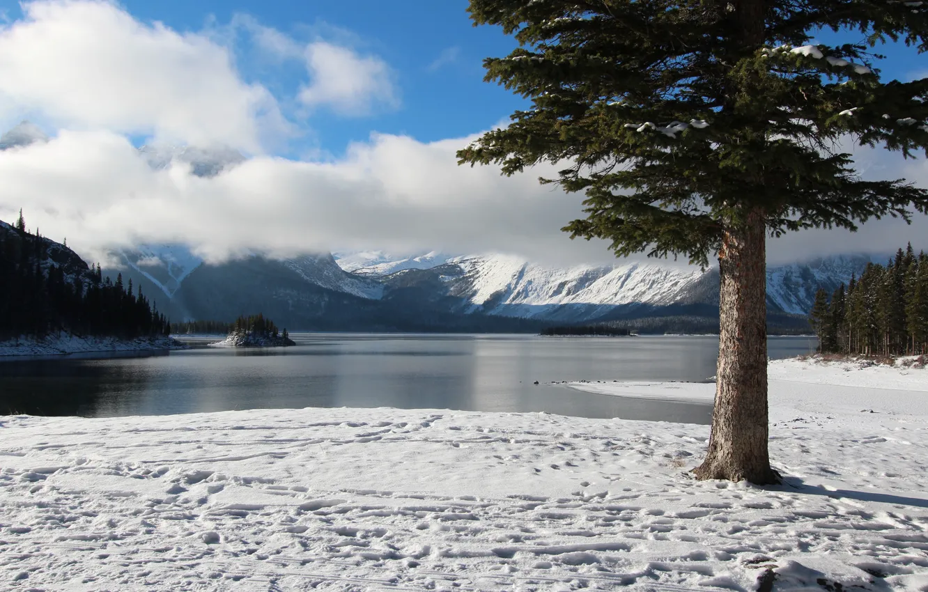 Photo wallpaper winter, the sky, clouds, snow, trees, mountains, lake, island
