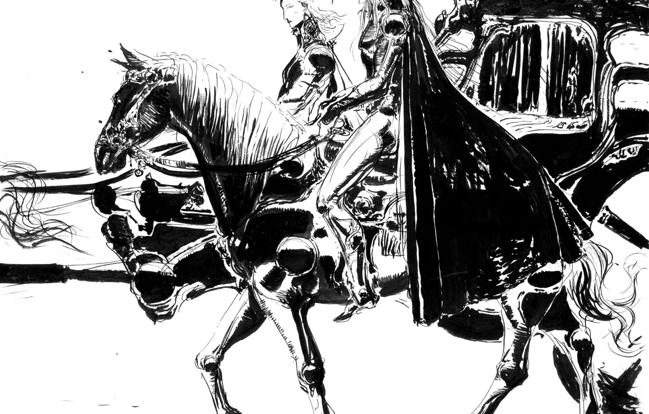Photo wallpaper horse, graphics, sword, hat, black and white, rider, coach, cloak, hunter, Kucher, Vampire Hunter D, …