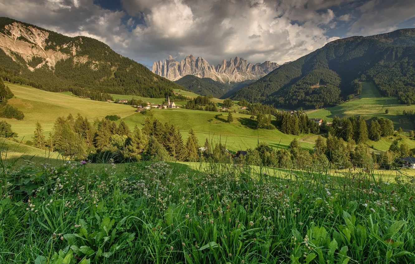 Photo wallpaper grass, trees, mountains, field, valley, Italy, houses, Italy, Dolomites, The Dolomites, Santa Magdalena, St.Magdalena