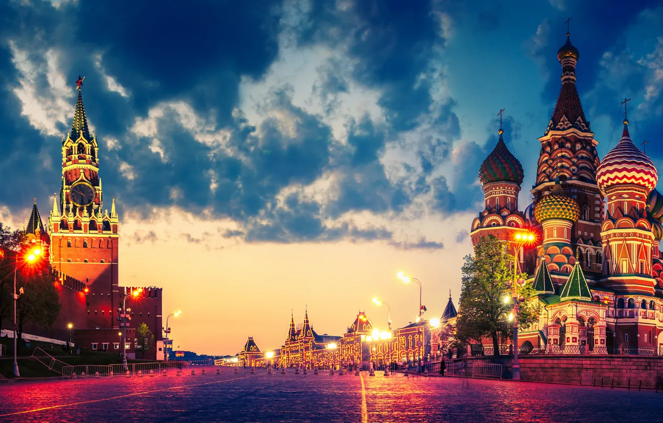 Photo wallpaper clouds, lights, Moscow, The Kremlin, St. Basil's Cathedral, Russia, Red square, twilight