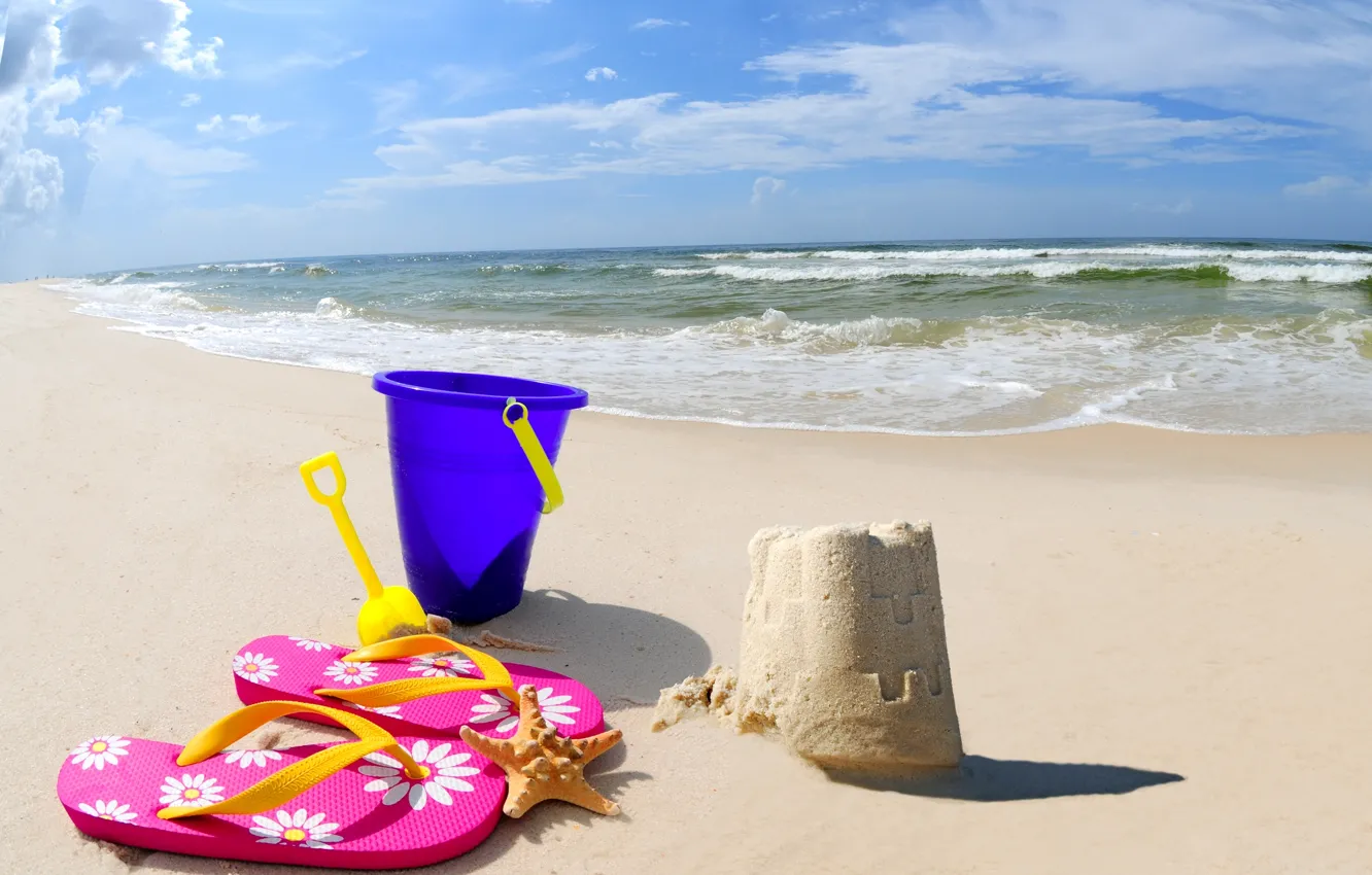 Photo wallpaper beach, sea, sand, bucket, sand Castle, scoop