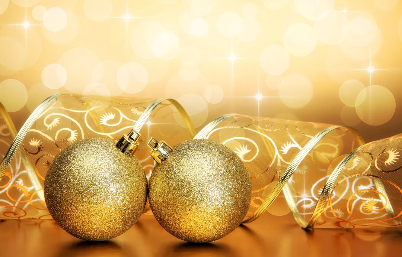Photo wallpaper winter, balls, toys, New Year, Christmas, tape, the scenery, Christmas, gold, ribbon, holidays, New Year, …
