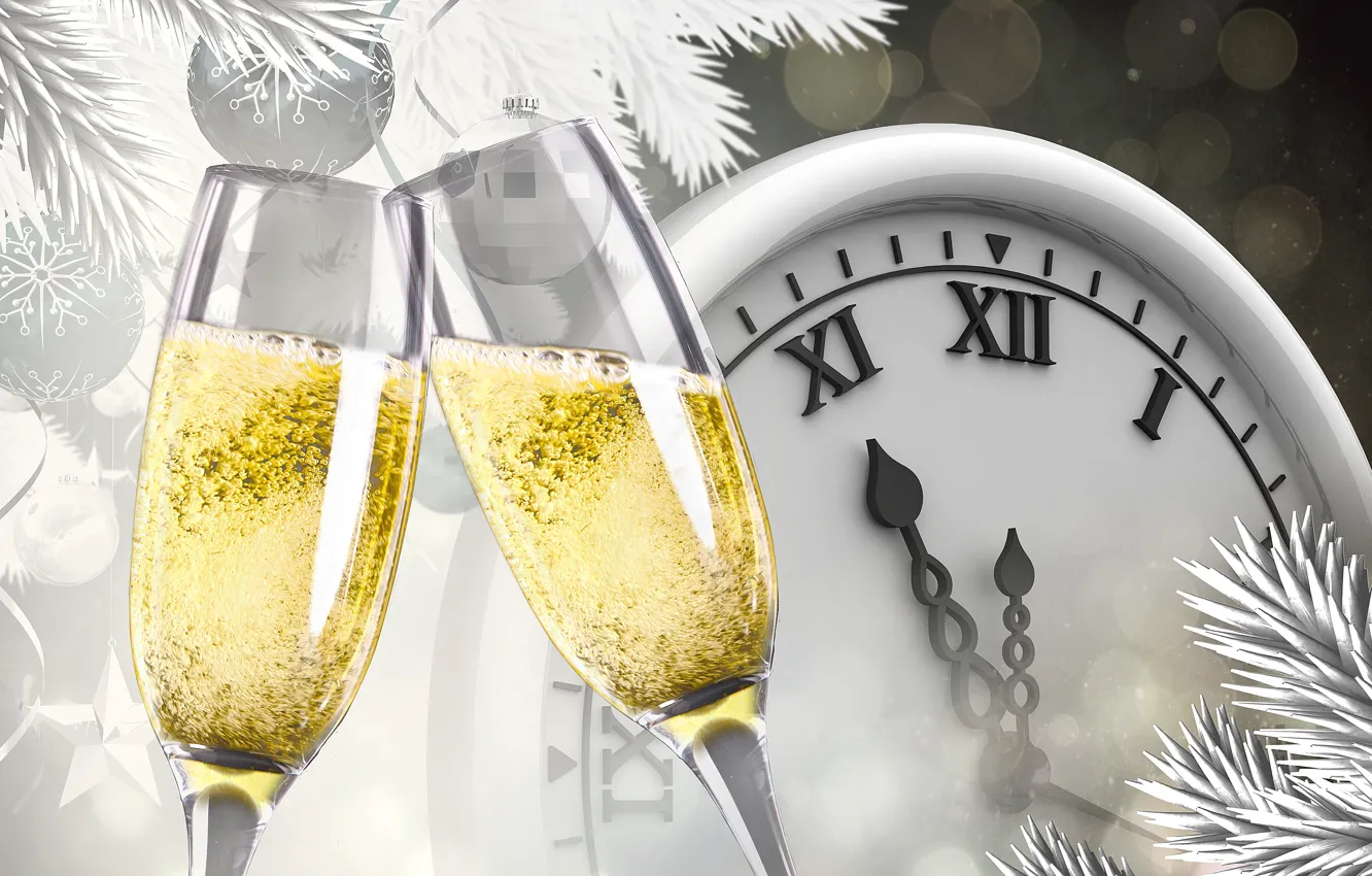 Фотообои ветки, блики, праздник, вино, шары, часы, вектор, бокалы, Новый год, шампанское, полночь