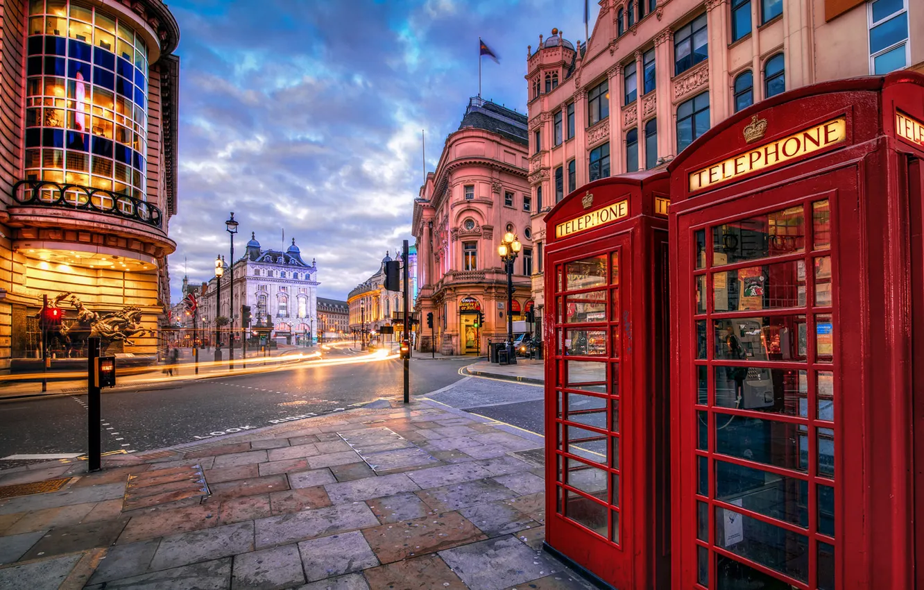 Wallpaper road, light, the city, street, England, London, building, home,  the evening, lights, UK, London, England, phone booth images for desktop,  section город - download