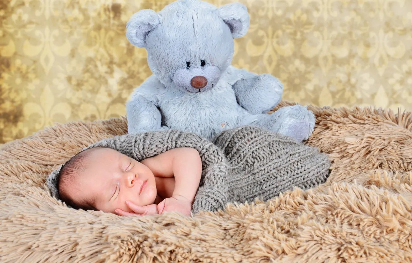 Photo wallpaper toy, sleep, baby, bear, fur, child