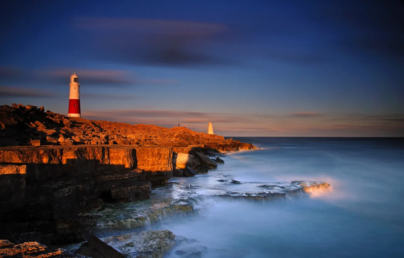 Photo wallpaper sea, water, stones, the ocean, shore, lighthouse