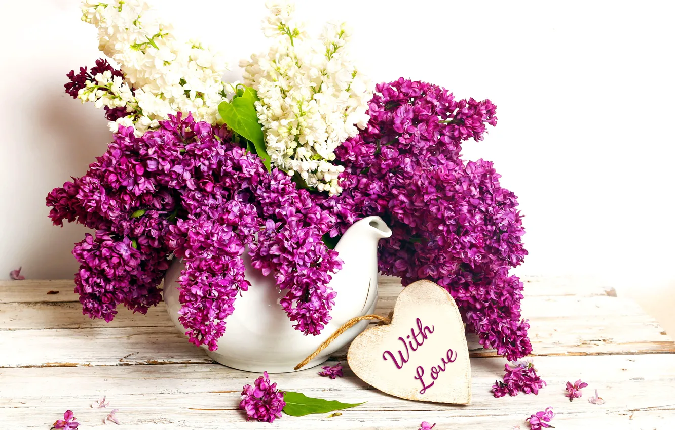 Photo wallpaper flowers, lilac, spring, purple, vase, bouquet, romance, with love, lilac