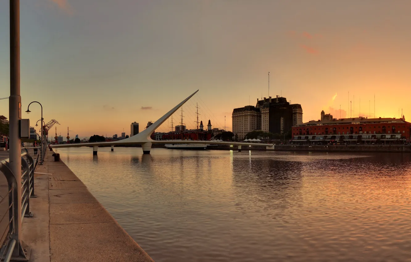 Photo wallpaper sunset, bridge, sailboat, promenade, Argentina, Argentina, Buenos Aires, Buenos-Aires, laid