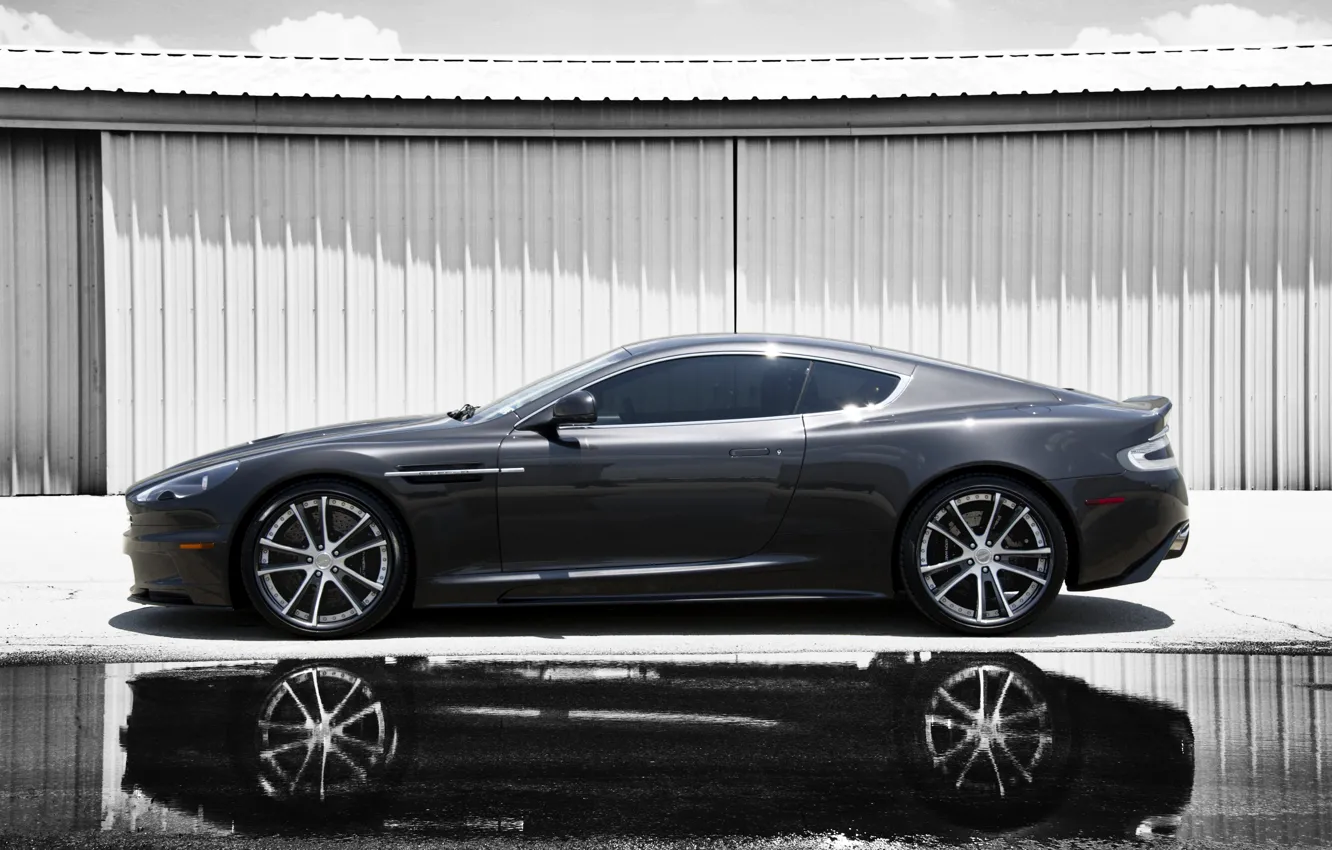 Photo wallpaper reflection, grey, Aston Martin, shadow, DBS, puddle, profile, Aston Martin, grey, DBS