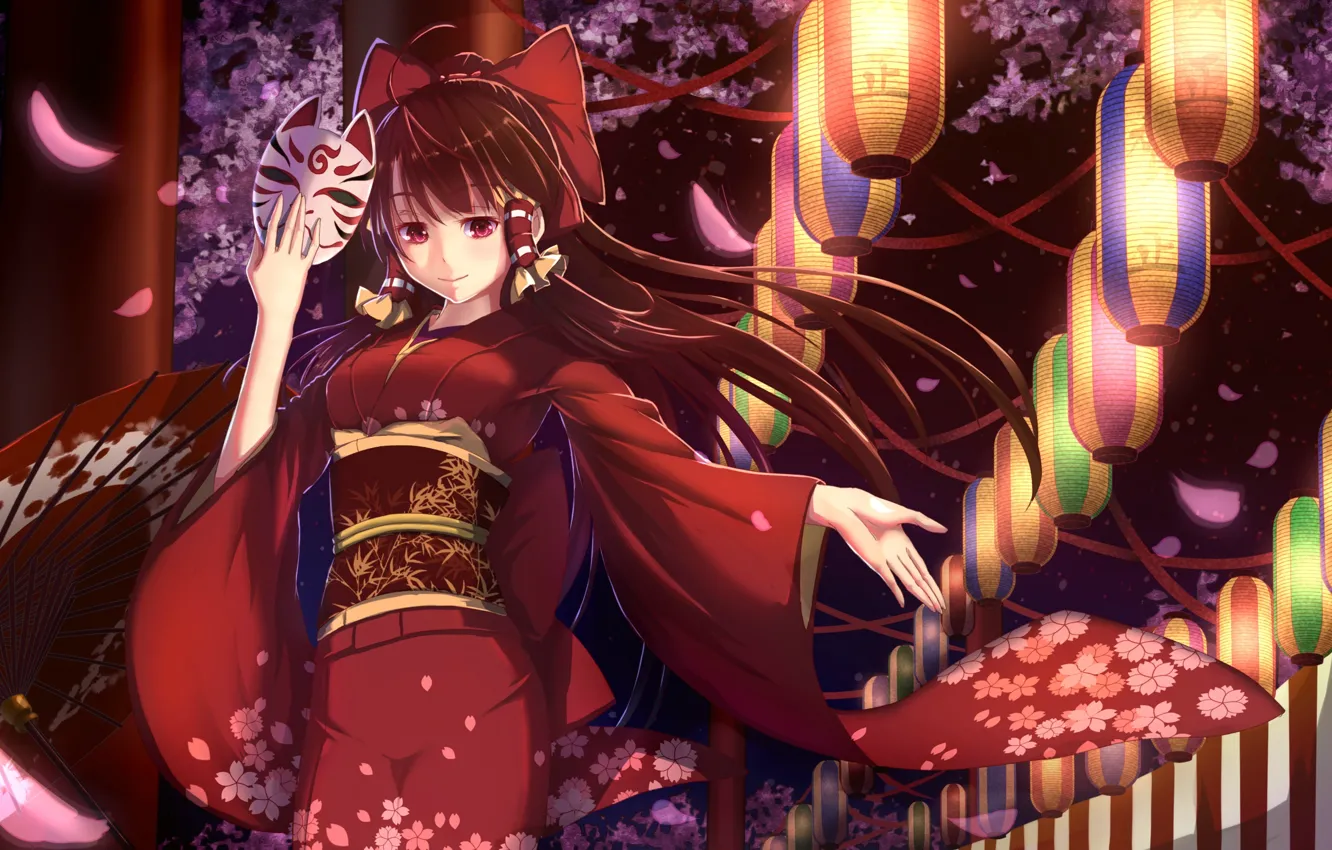 Photo wallpaper girl, smile, anime, petals, Sakura, mask, art, kimono, lanterns, touhou, hakurei reimu, bakanoe
