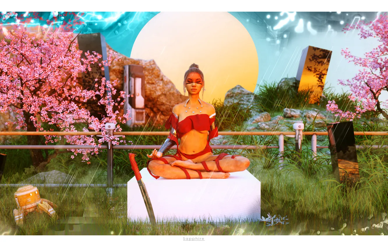 Photo wallpaper girl, the sun, trees, fiction, sword, garden, meditation
