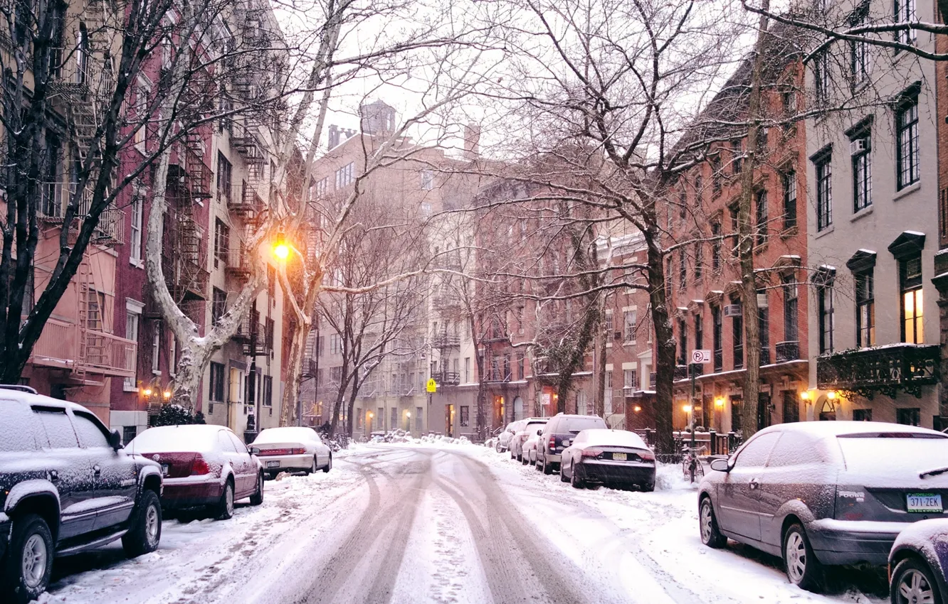 Photo wallpaper winter, road, light, snow, trees, machine, the city, street, building, home, New York, lights, USA, …