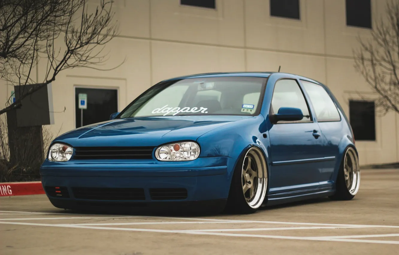 Photo wallpaper volkswagen, golf, blue, tuning, coupe, germany, low, stance, mk4
